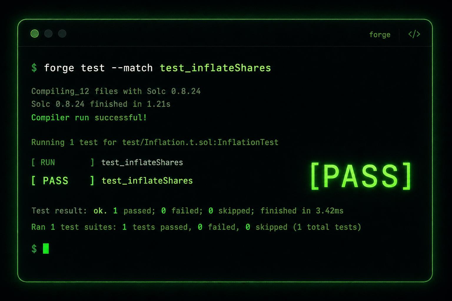 forge test output showing test_inflateShares passing