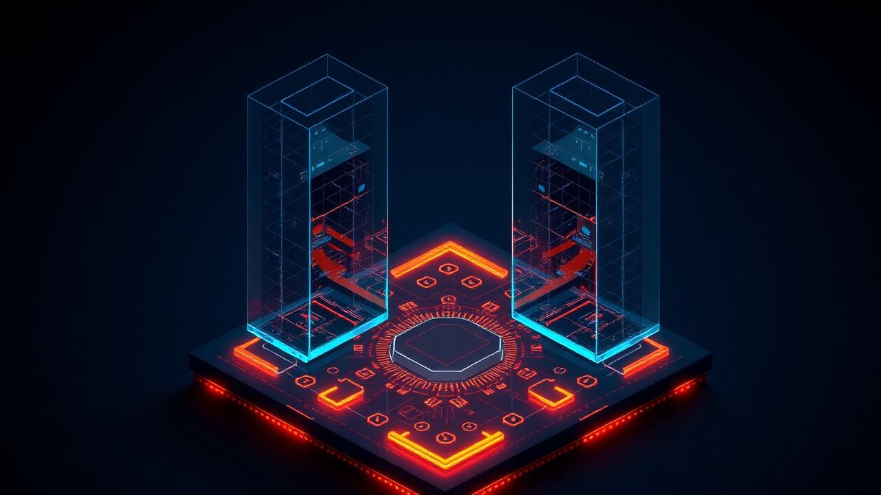Two glass towers connected to a single foundational slab of control glyphs