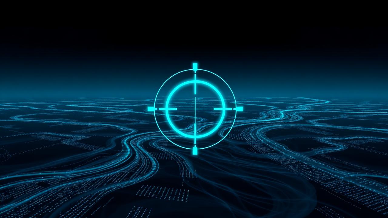 Abstract cyber crosshair over flowing telemetry