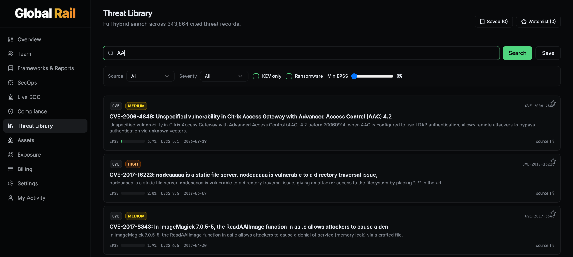 Threat Library — hybrid search across cited CVE, KEV, EPSS records with severity and source filters.