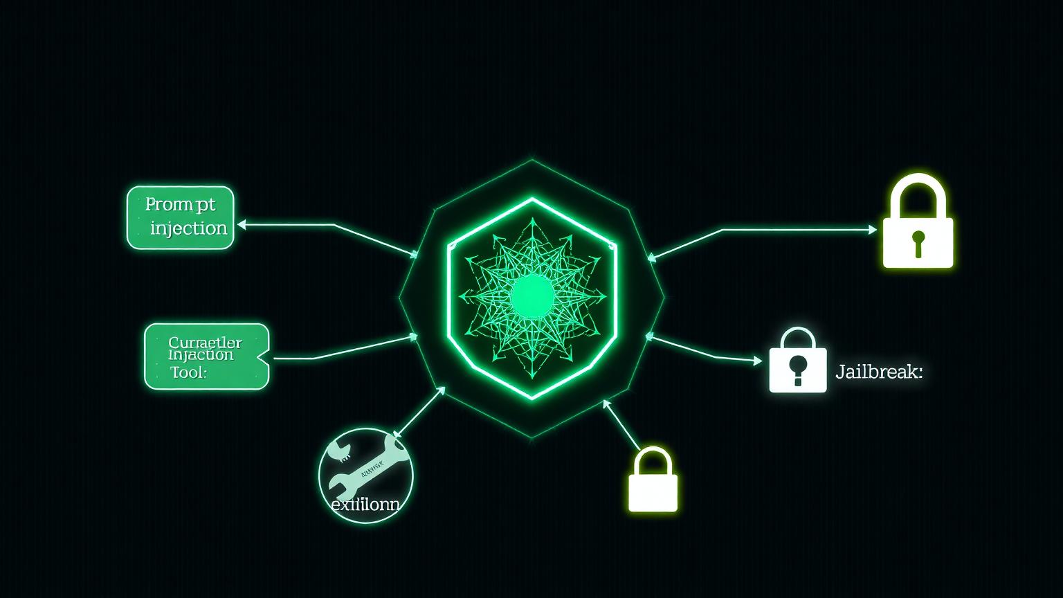 Diagram of an AI agent core surrounded by four attack-vector nodes